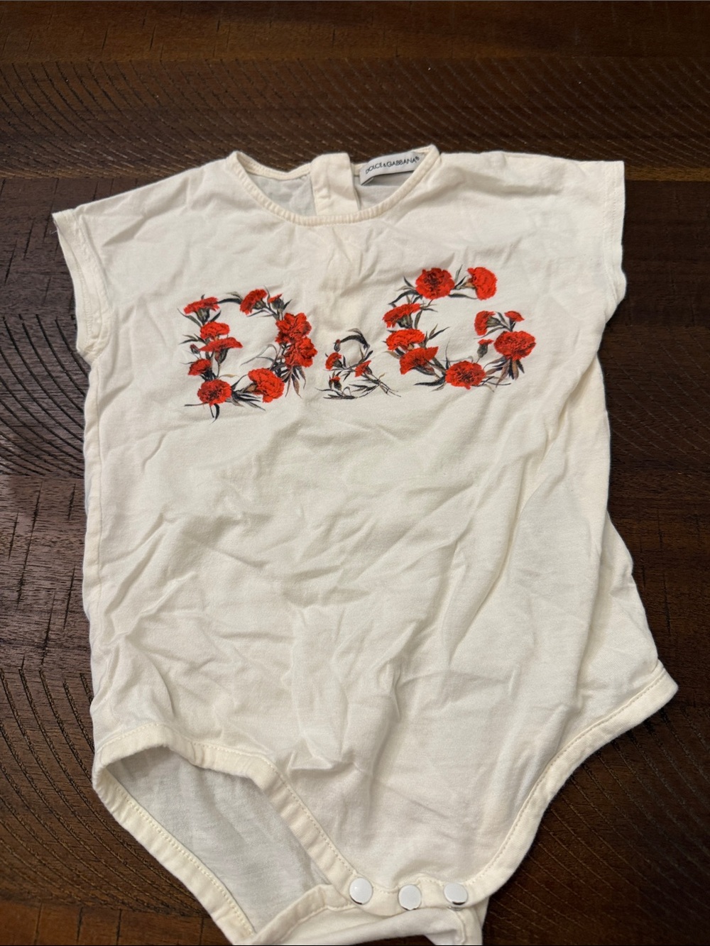 Dolce & Gabbana Cream Bodysuit with Red Floral Logo